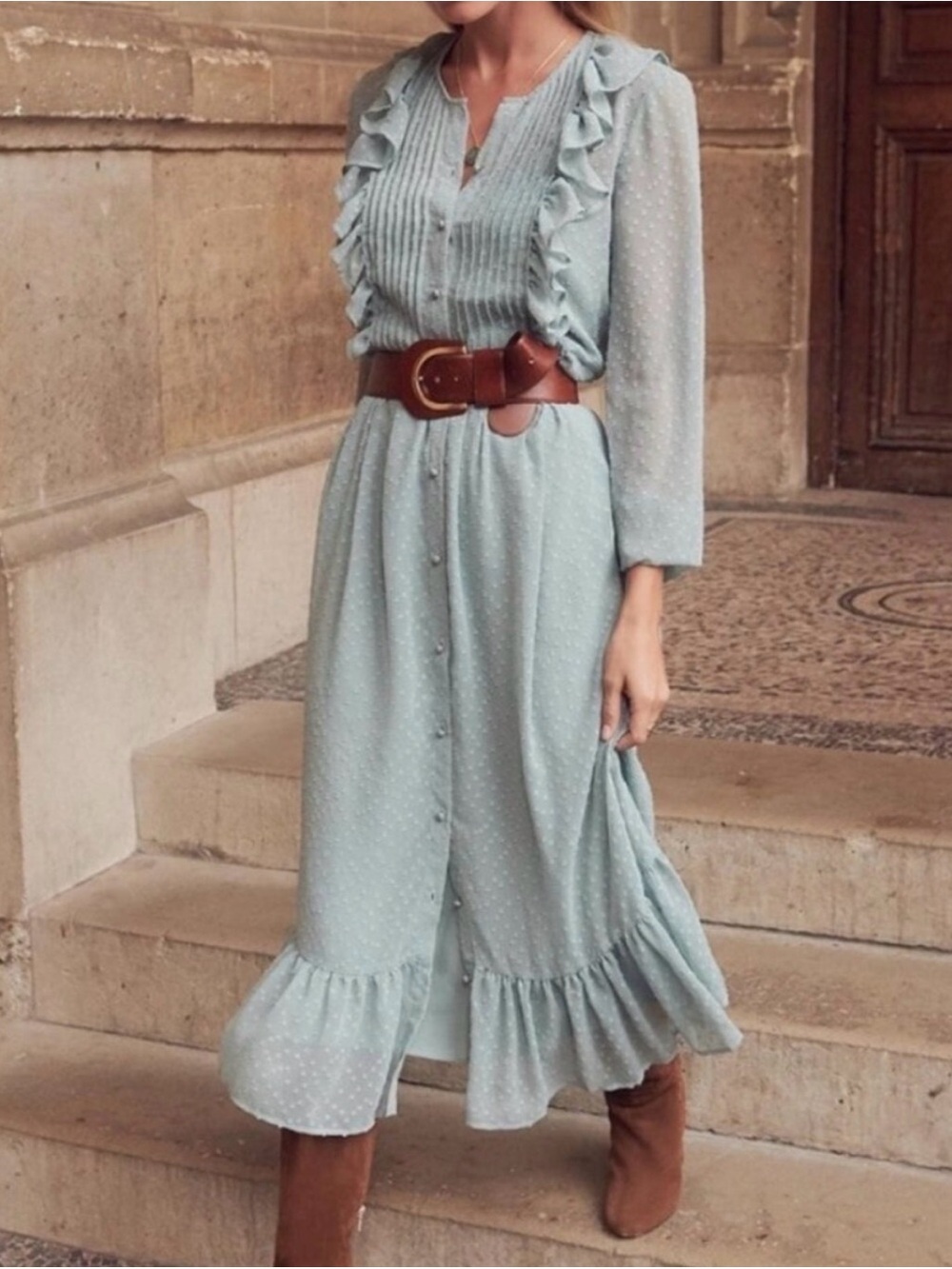 Sezane Cora Dot Ruffle Midi Dress